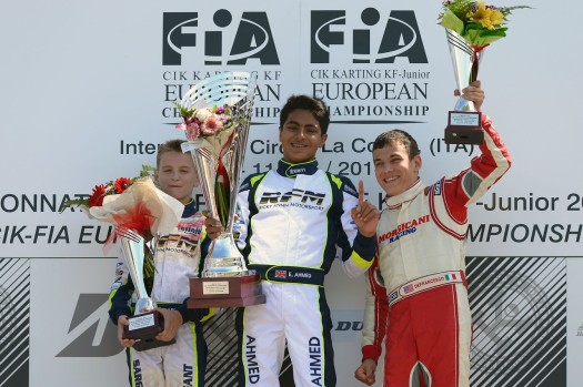 Devlin Defrancesco (r) on the podium in Italy (Photo courtesy: CIK)